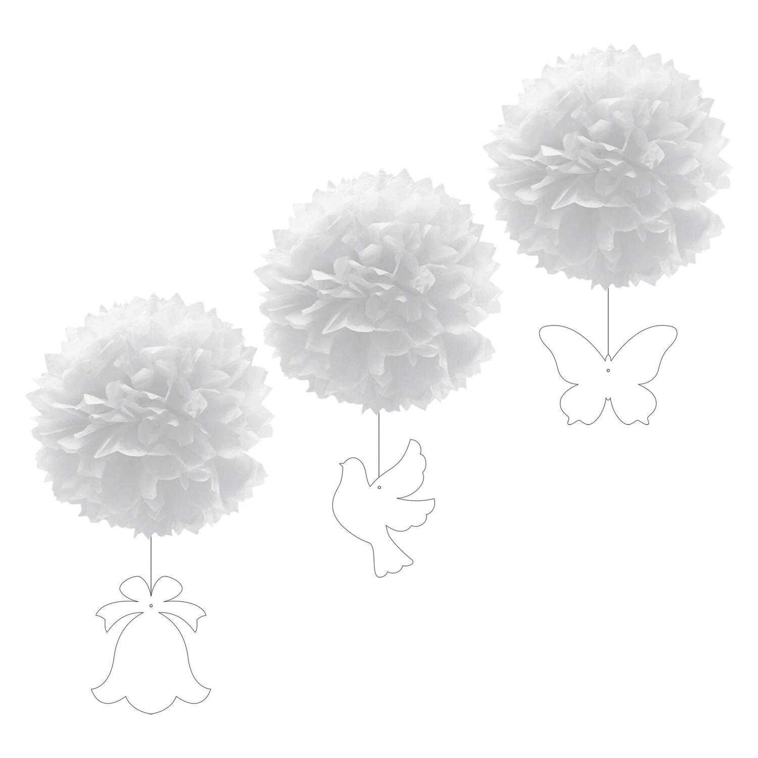 Pompons mit Figuren, aus Papier, schwer entflammbar, wei, 30cm, 3 Stk.