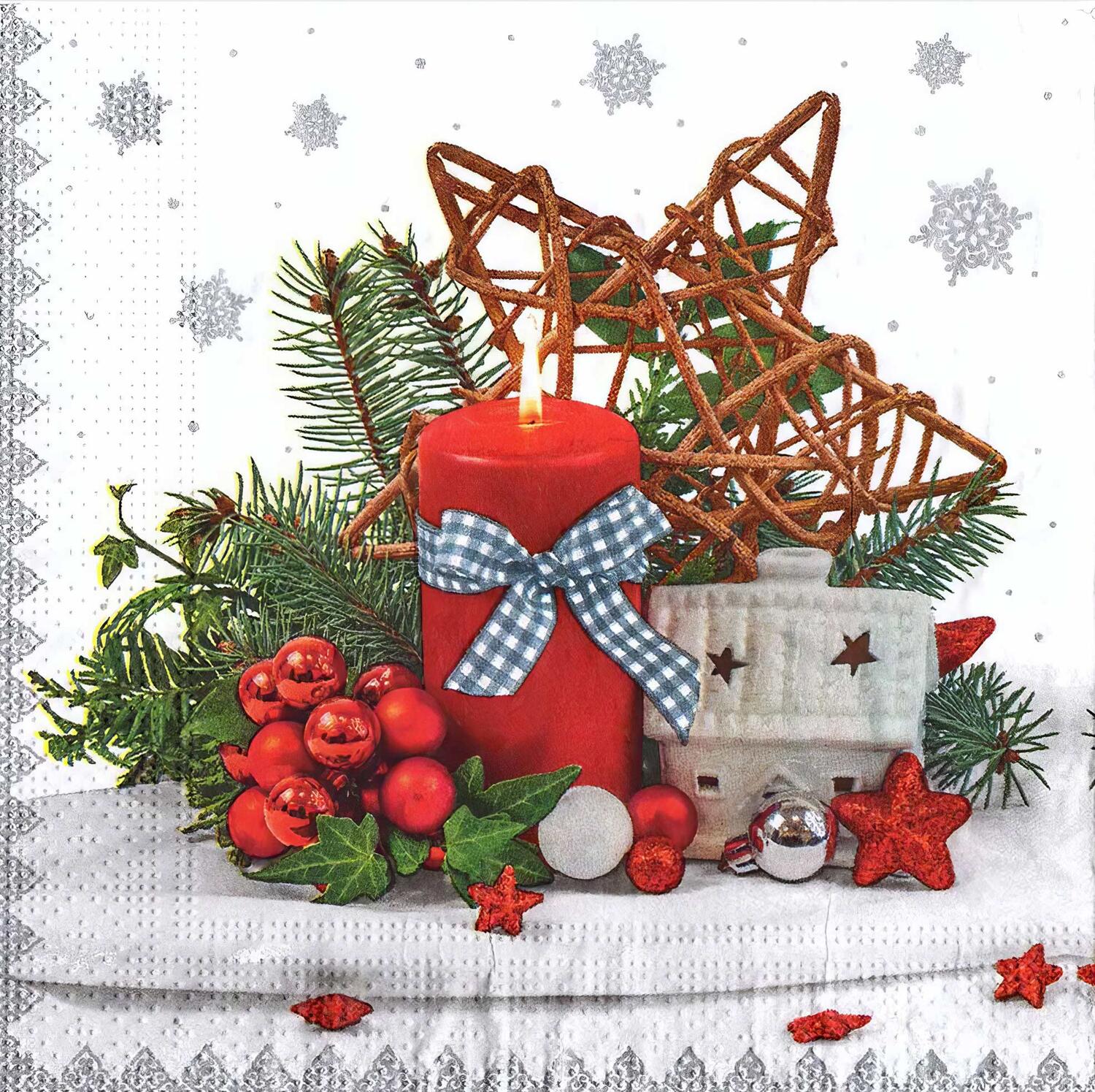 Weihnachtsservietten 3-lagig 33 x 33 cm rote Kerze und Deko, 20 Stk.